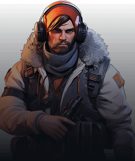 Game character wearing headphones and an orange hood
